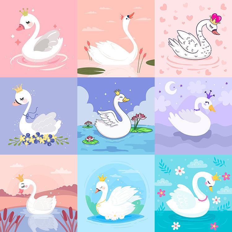 白天鹅插画 浪漫扁平化卡通皇冠天鹅海报背景 ai格式矢量设计素材