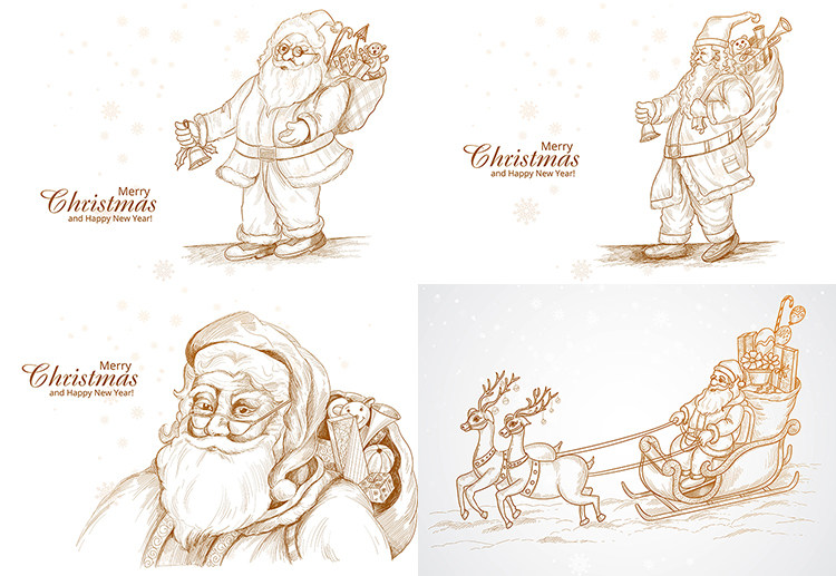 手绘圣诞老人插画 4款线描圣诞节日人物场景 ai格式矢量设计素材