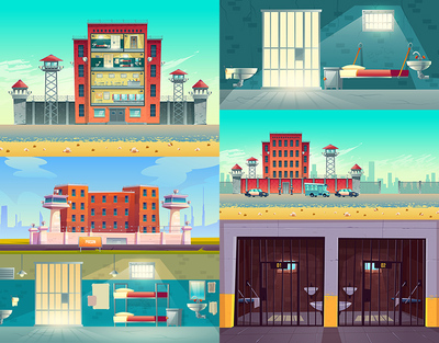 监狱插画 卡通牢狱牢房囚犯住所场景海报背景 AI格式矢量设计素材