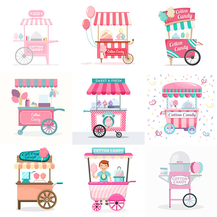 棉花糖小卖部 卡通梦幻粉色小推车儿童零食店 ai格式矢量设计素材