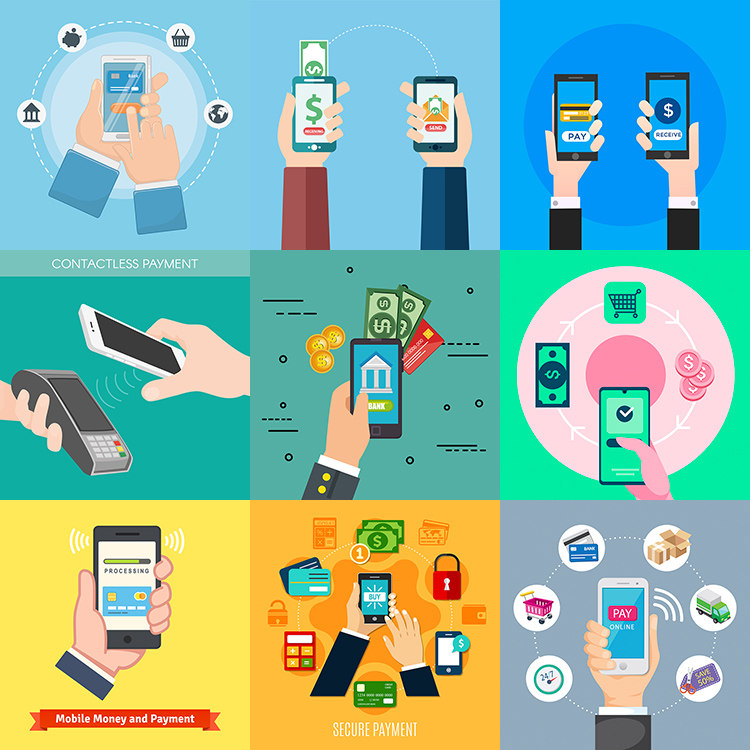 手机支付插画 网络付款购物手机转账收钱消费 ai格式矢量设计素材