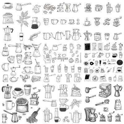 手绘咖啡元素图标 线描咖啡豆咖啡杯咖啡壶 AI格式矢量素设计素材