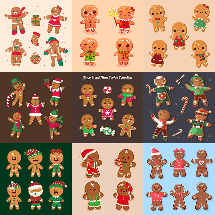 卡通姜饼人 圣诞节可爱小人饼干点心图标插画 ai格式矢量设计素材