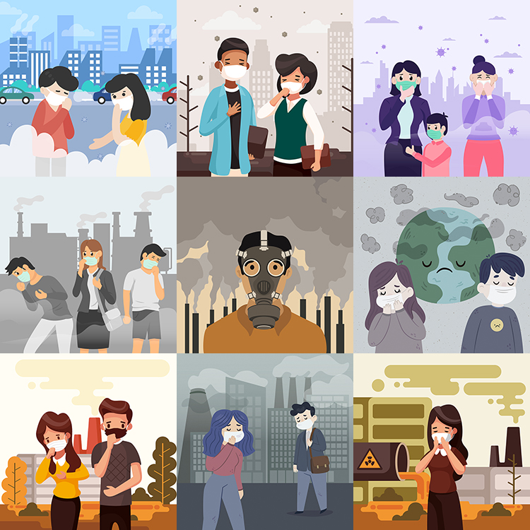 雾霾天气人物插画 城市环境空气污染戴口罩 AI格式矢量设计素材