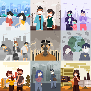 雾霾天气人物插画 城市环境空气污染戴口罩 AI格式矢量设计素材