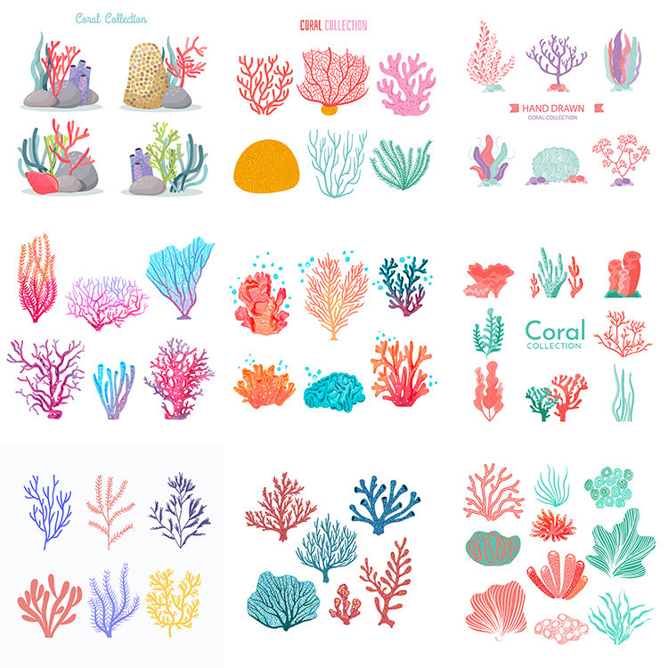 珊瑚 各种各样多彩唯美海底珊瑚虫骨骼聚集物 ai格式矢量设计素材
