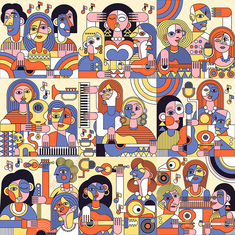 毕加索风格插画 抽象派个性人物艺术壁画墙画 ai格式矢量设计素材