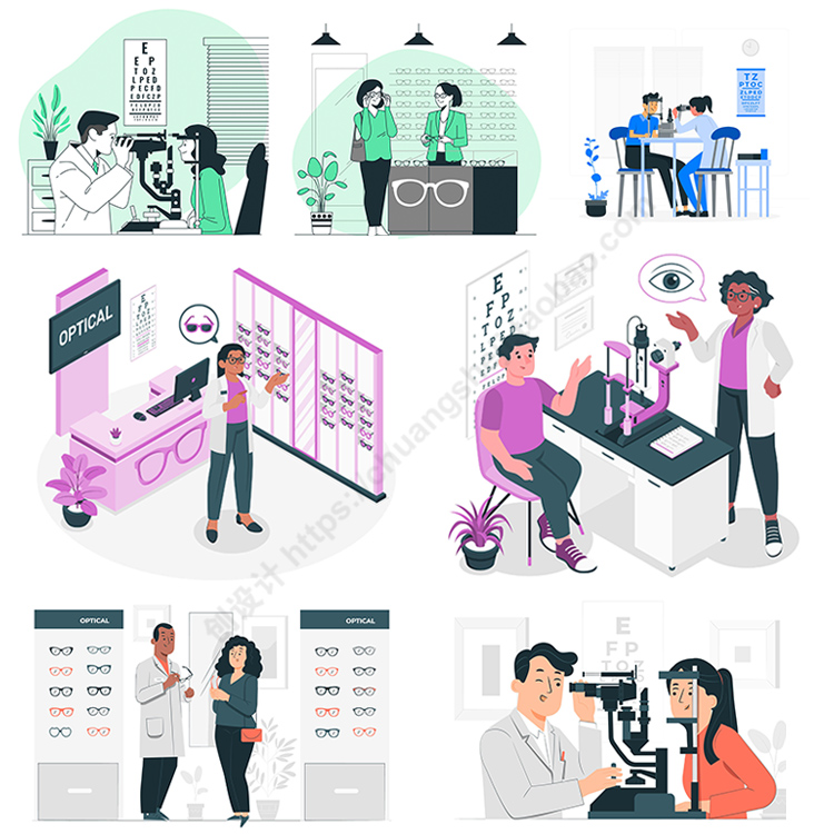 眼镜店插画 扁平化卡通视力检测配近视镜场景 AI格式矢量设计素材