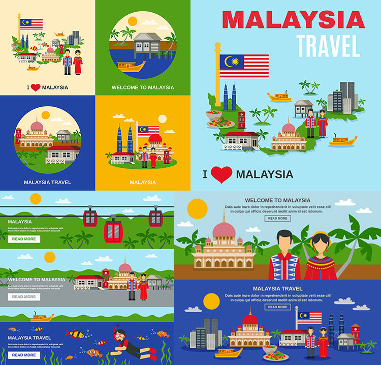 马来西亚旅游风情 malaysia旅行景点特色元素 ai格式矢量设计素材