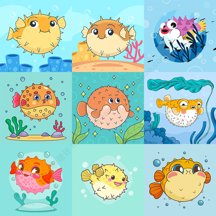 卡通河豚插画 扁平化可爱河鲀海洋生物背景 ai格式矢量设计素材