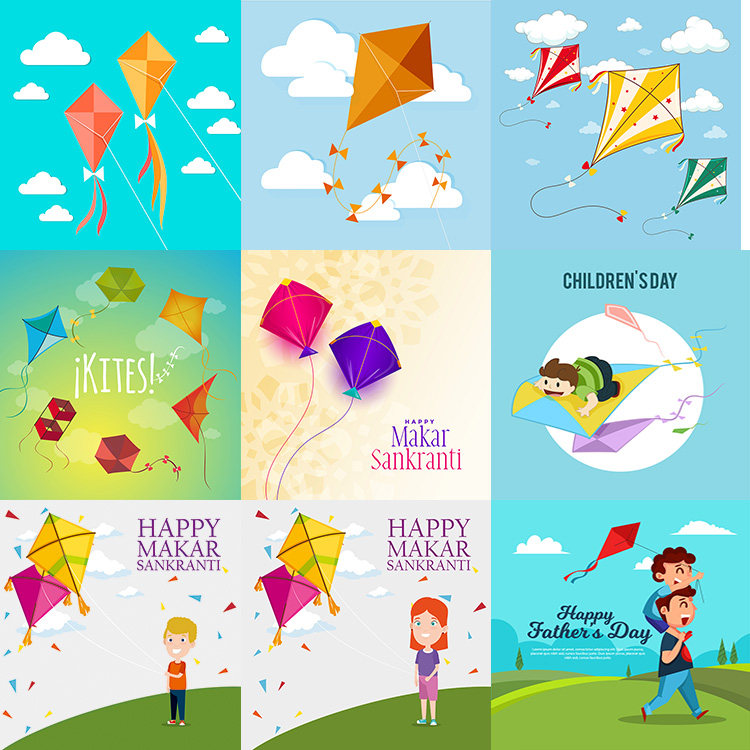 放风筝插画 扁平化卡通风格儿童玩耍海报背景 AI格式矢量设计素材