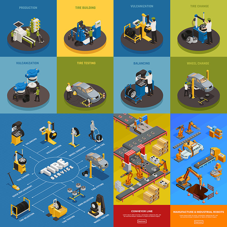汽车生产 车辆制造工业生产线流程海报插画 ai格式矢量设计素材