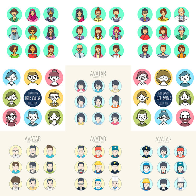手绘卡通圆形头像 扁平化个性人物形象图标 ai格式矢量设计素材