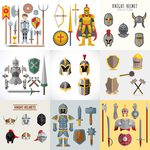 中世纪盔甲装备AI矢量素材 卡通战士武器头盔弓箭长矛锤 设计素材