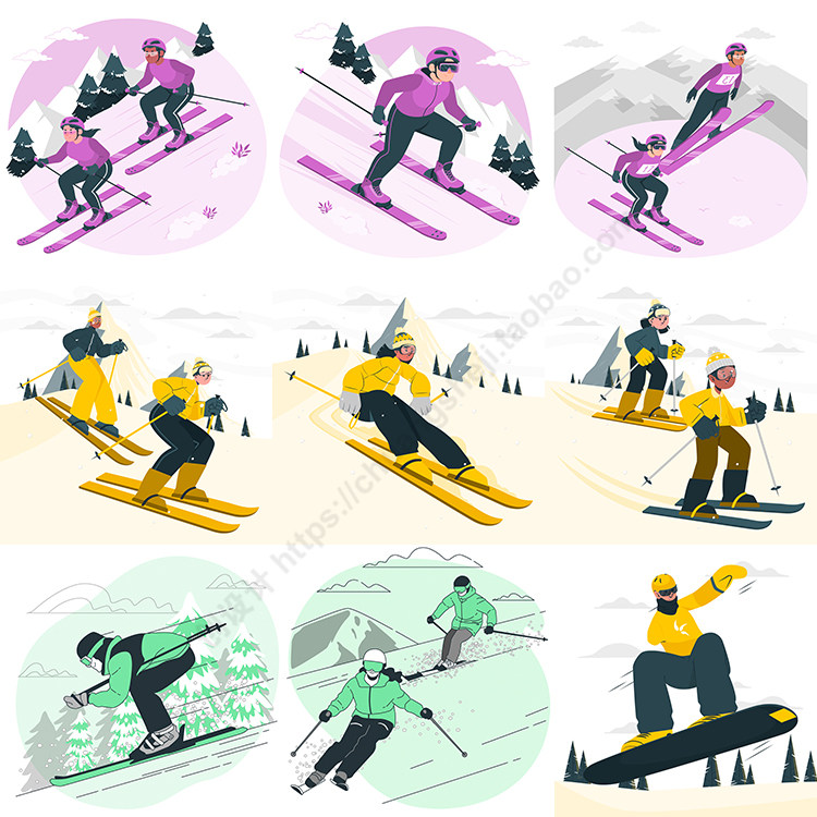 滑雪运动人物插画 扁平化冬季雪地体育比赛 ai格式矢量设计素材