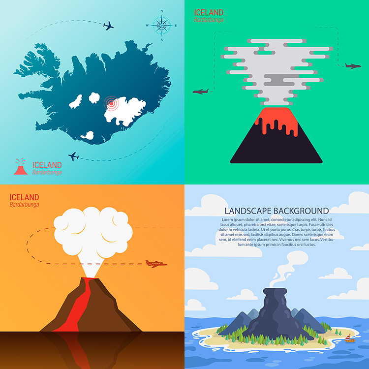 冰岛旅游插画 扁平化卡通空白地图火山景点 AI格式矢量设计素材