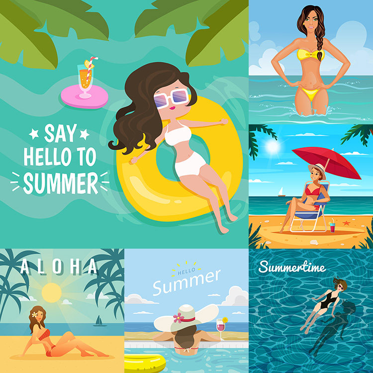 泳装美女插画 夏季海边度假旅游日光浴海报 ai格式矢量设计素材