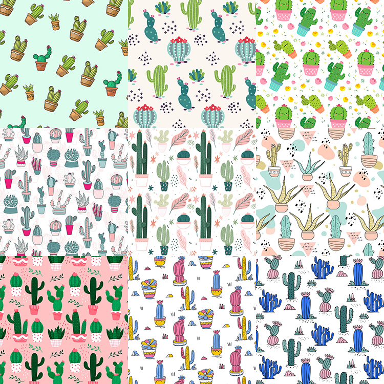 仙人掌无缝拼接背景 清新植物仙人球盆栽海报 AI格式矢量设计素材