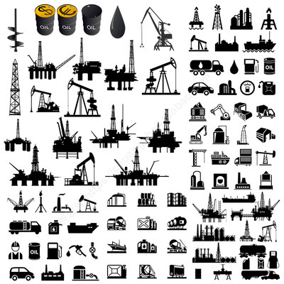 能源化工元素剪影 石油钻井开采开发工具图标 AI格式矢量设计素材