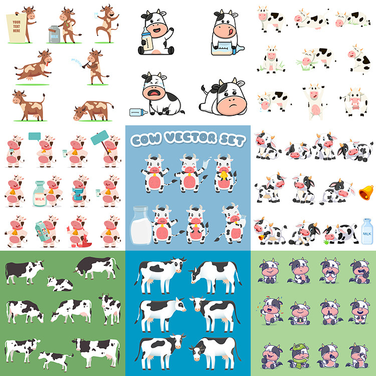卡通奶牛形象插画 扁平化可爱动物乳牛 AI格式矢量设计素材