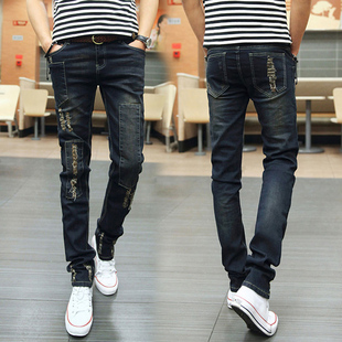 牛仔裤男士冬季潮流破洞修身小脚长裤子男潮牌青少年学生复古韩版