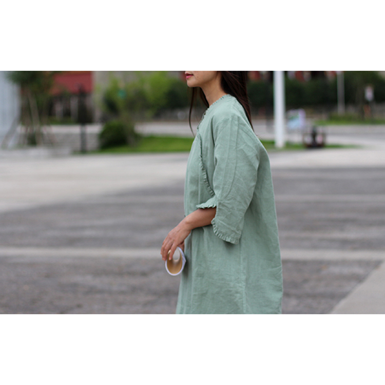 【小荷】新中式 豆绿色宽松短袍国风复古木耳边苎麻茶服上衣衬衫