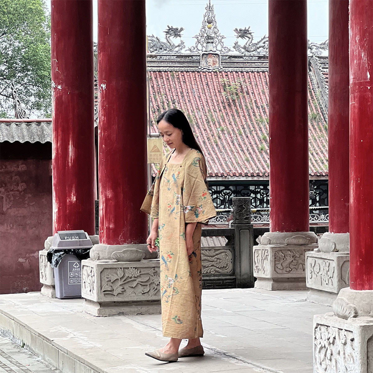 复古宽袖汉服棉麻大码中式长裙