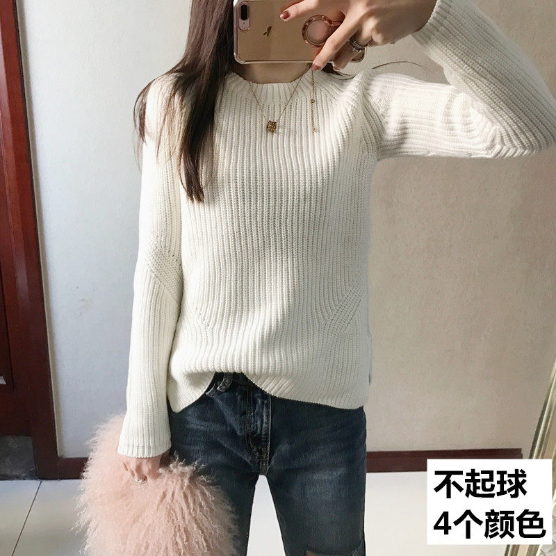 春秋复古粗毛线直筒插肩纯棉线套头毛衣全棉线衫上衣女不易起球