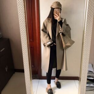 韩国气质宽松版系带纯羊毛手工缝制长款双面羊绒大衣女风衣