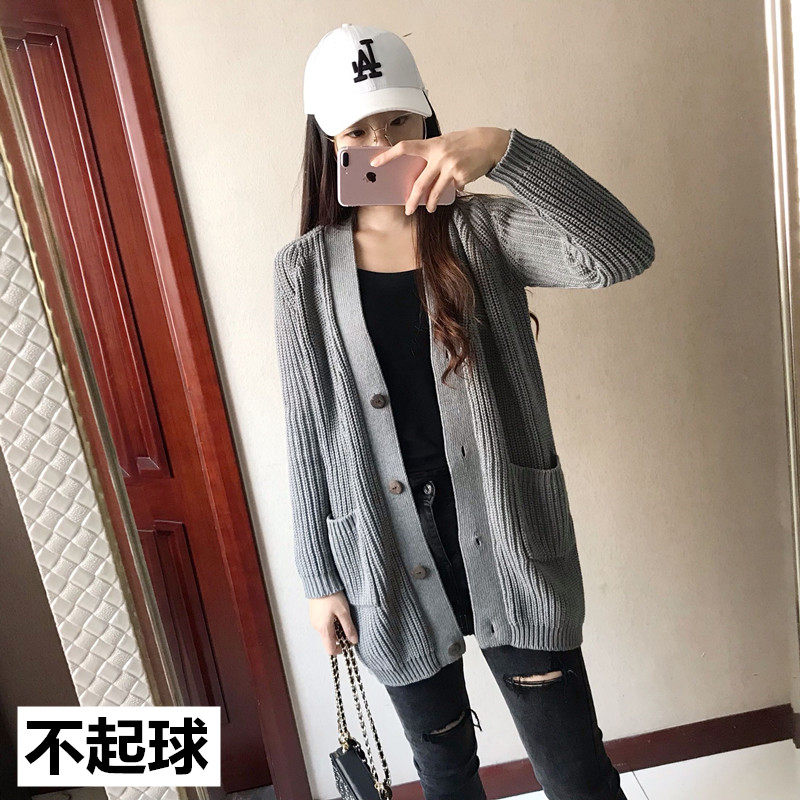 清仓特 全棉韩版复古文艺V领中长款宽松纯棉线毛衣开衫女上衣外套