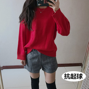 韩国复古慵懒ins圆领休闲套头棉线毛衣女圣诞大红色宽松版大码