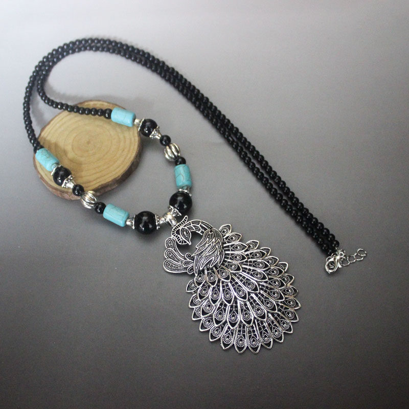 INS风新款孔雀长款项链复古藏银松石毛衣链手工制作配饰民族风女