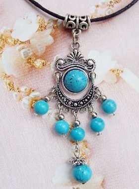 中式项链红蓝色手工圆珠编绳女