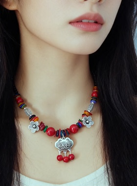 民族风彩色长命锁串珠项链女花朵