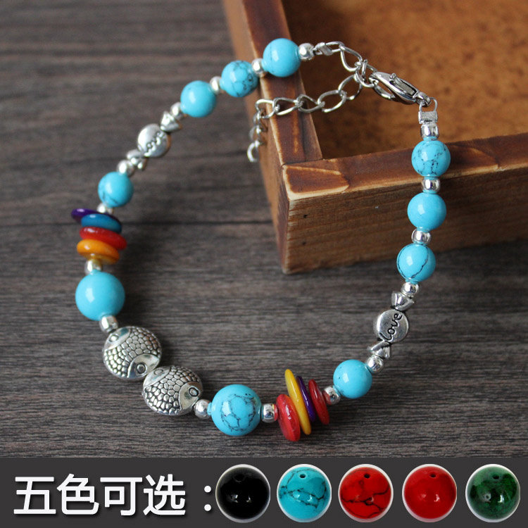 高品质货源厂家直销促销西藏藏银饰品松石彩贝接吻鱼手链QSL054