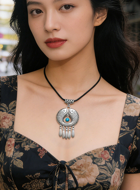 民族风双鱼吊坠项链银色流苏吊坠