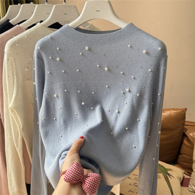 柔软圆领珍珠钉珠针织衫女长袖外穿打底毛衣上衣纯色百搭简约