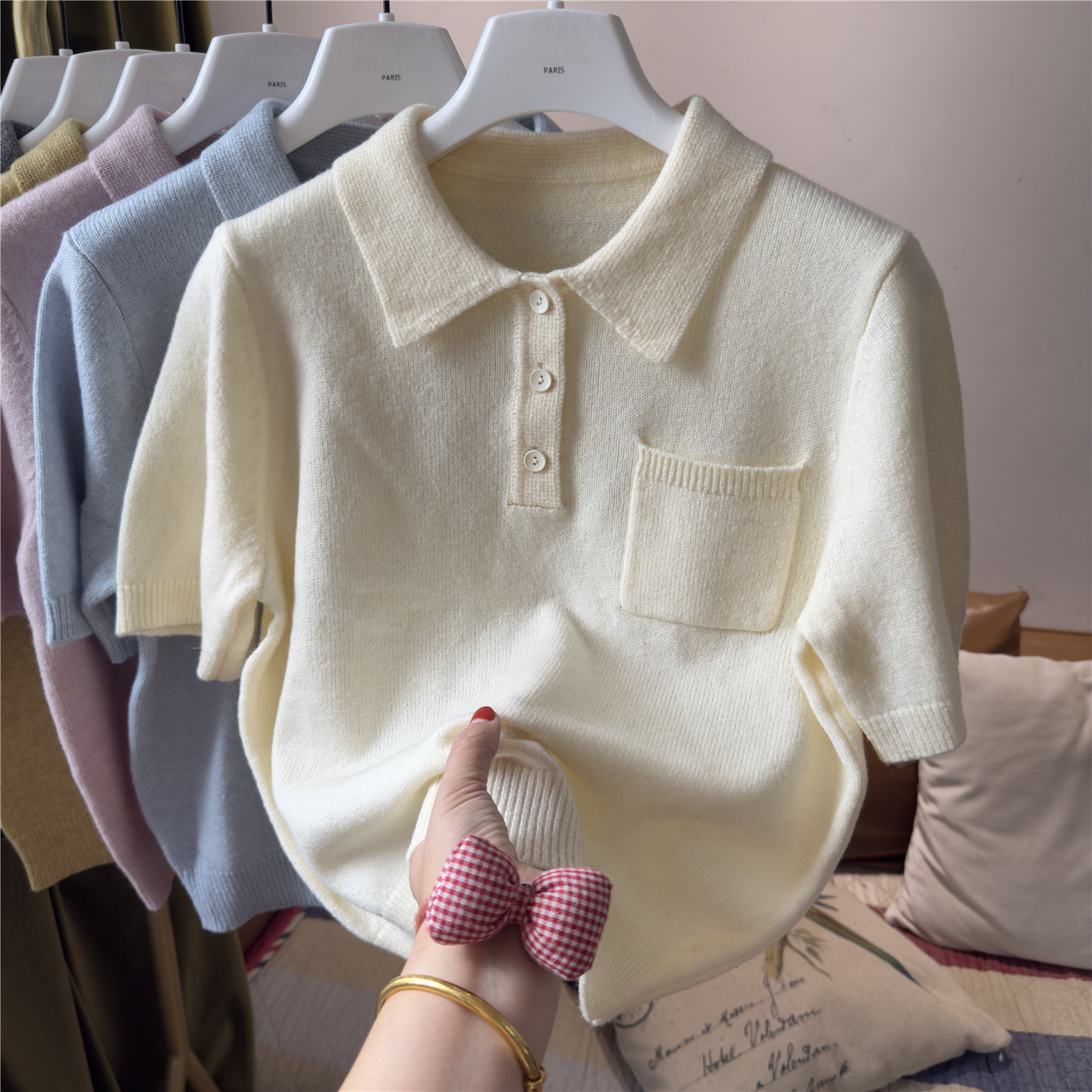 羊毛翻领口袋短袖针织衫女短款外穿打底毛衣上衣纯色百搭简约纽扣