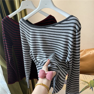 2025羊毛一字领斜边露肩条纹针织衫女修身显瘦百搭打底毛衣上衣