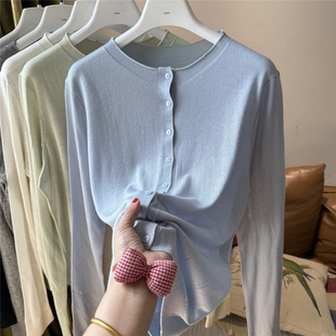 卷边羊毛柔软圆领纽扣单排扣针织开衫女长袖外穿打底毛衣外套上衣