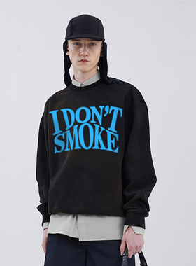IDONTSMOKE国潮青少年秋冬宽松休闲长袖蓝色字母印花圆领长袖卫衣