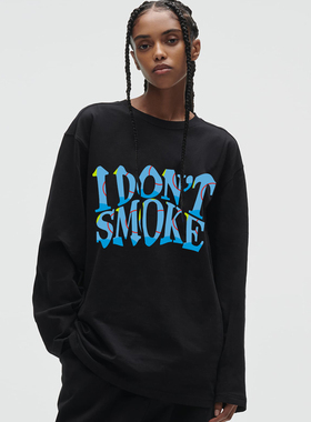 IDONTSMOKE拒绝吸烟标语原创国潮春秋蓝色冲浪圆领长袖纯棉T恤男