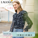 女印花雪纺衫 Lagogo拉谷谷荷叶边小碎花衬衫 春秋新款 甜美V领上衣