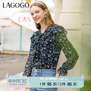 Lagogo拉谷谷荷叶边小碎花衬衫 春秋新款 甜美V领上衣 女印花雪纺衫