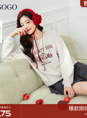 LAGOGO简暖森语宽松卫衣女拉谷谷2026春新款字母印花加绒圆领上衣