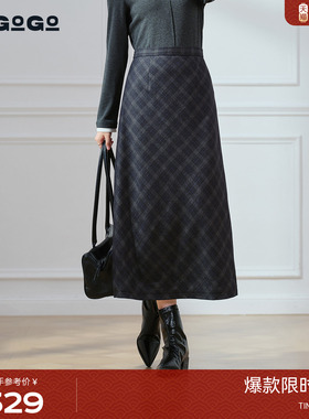 LAGOGO格纹亮丝半身裙女拉谷谷2025冬新款气质显瘦裙子ODBB349B66
