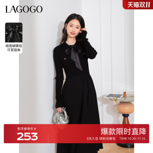 LAGOGO显瘦连衣裙女拉谷谷春秋新款 蝴蝶结赫本风气质A字裙小黑裙