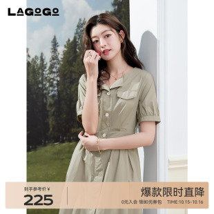 LAGOGO纯色全棉高腰A字裙女拉谷谷2025年夏季 显瘦通勤连衣裙 新款