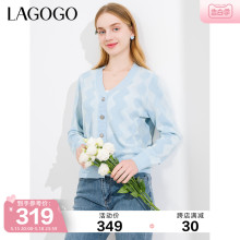 Lagogo拉谷谷V领针织衫女开衫2024春季新款浅蓝色毛衣慵懒薄外套