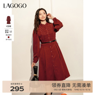 LAGOGO安可拉红收腰连衣裙女拉谷谷2025年秋新款 花边圆领裙子 法式